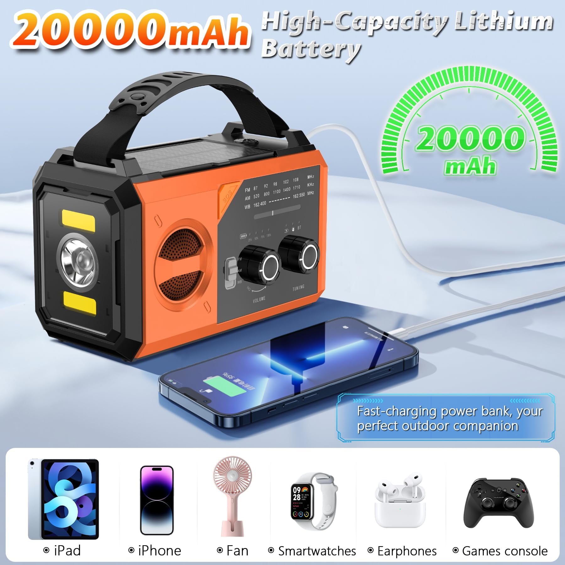 KOGYAS Weather Radio,20000mAh Solar Hand Crank Emergency Portable Radio with Bluetooth 5.3,Battery Powered AM/FM/NOAA Weather Alert with Flashlight,Cell Phone Charger and SOS Siren for Power Outages