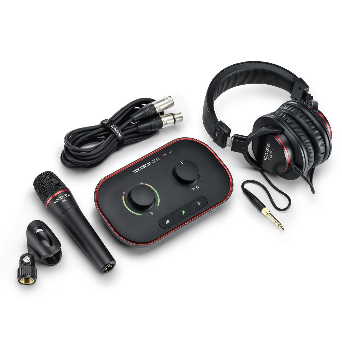 Focusrite Vocaster One Studio Essential Podcasting Kit with Vocaster DM1 Microphone and HP60v Headphones, Bundle with H&A Broadcast Arm
