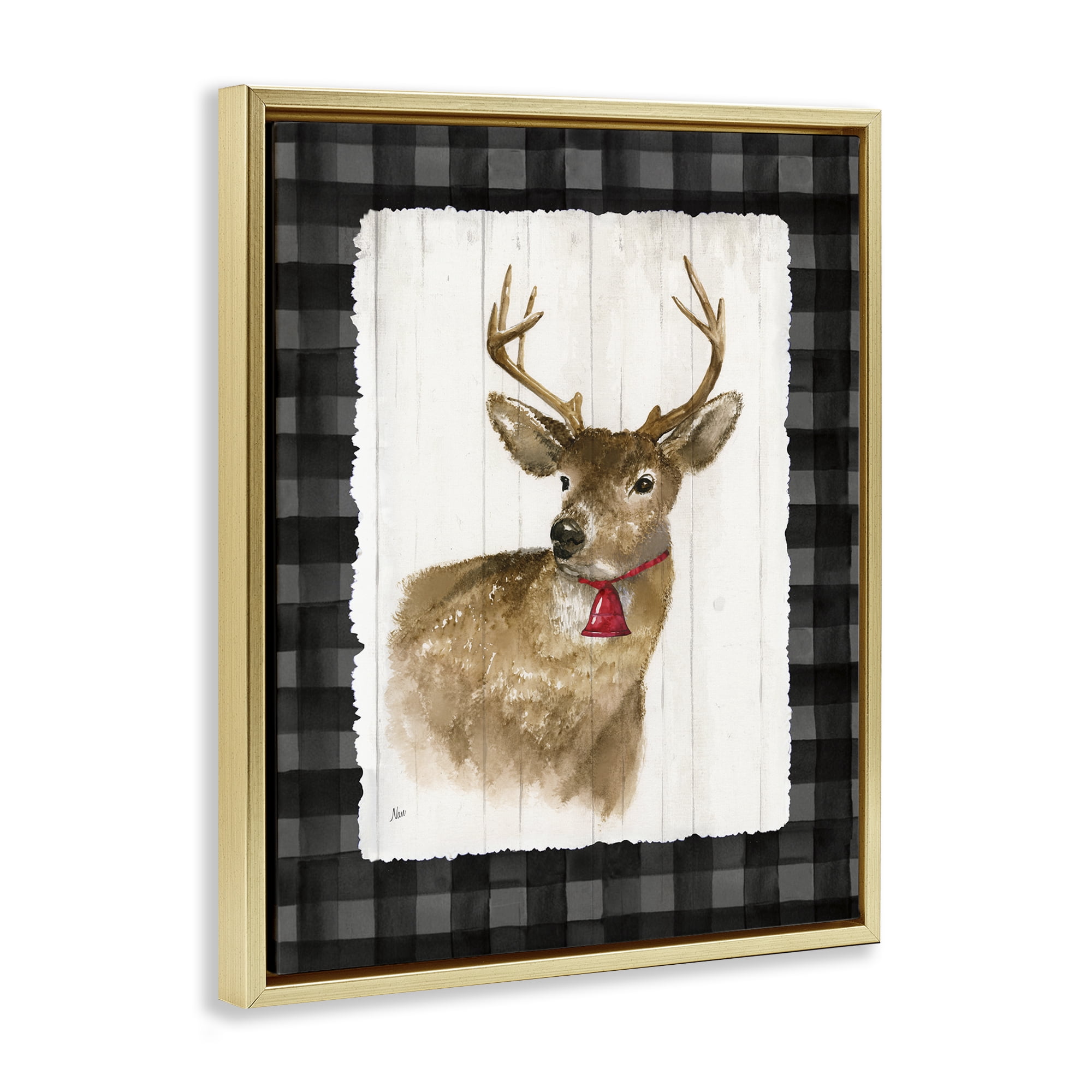 Stupell Industries Deer with Red Bell Animals & Insects Painting Gold Floater Framed Canvas Art Prints Wall Art, 17 x 21