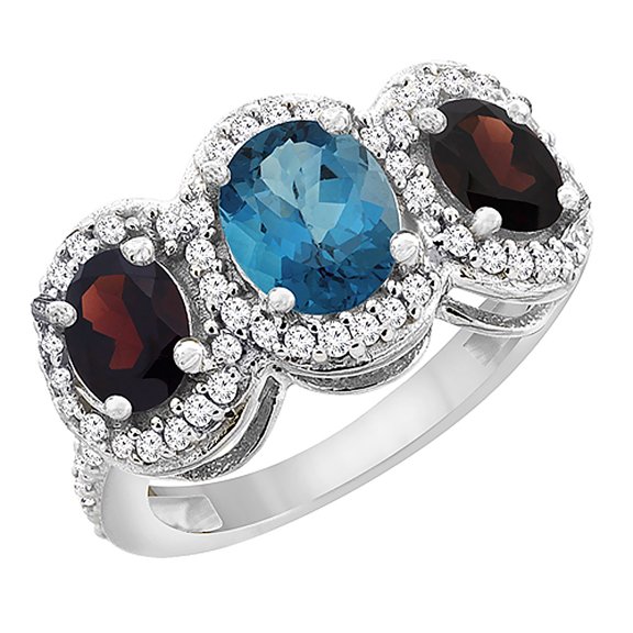 14K White Gold Natural London Blue Topaz & Garnet 3-Stone Ring Oval Diamond Accent, size 6