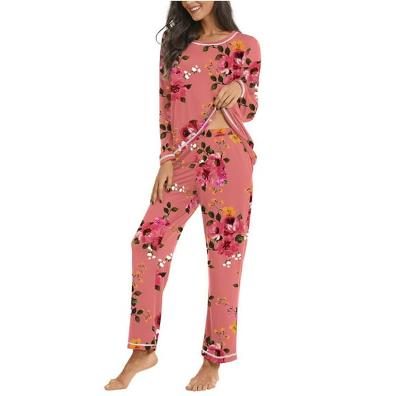 Iyufng Pajama Sets for Women,Loungewear Sets Pajamas,Womens Pajamas Long Sleeve with Pants Casual Print Round Neck Pajama Tops Bottoms,Women Homewear,S-XXL