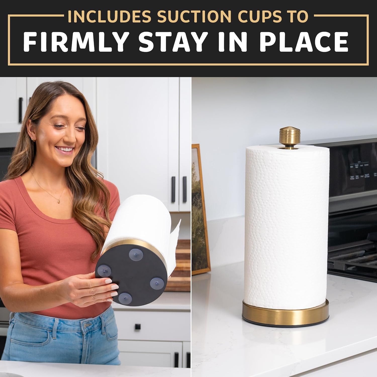 Heavy-Duty Stainless Steel Paper Towel Holder - Easy One-Handed Tear with Suction Cups - Modern Weighted Standing Countertop Dispenser for Kitchen - Holds All Paper Towel Rolls, Gold