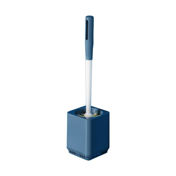 Juego de cepillo para inodoro con mango largo para limpiar rincones difíciles, cepillo de baño de plástico con cerdas suaves, montado en la pared, con base de almacenamiento, color gris, azul y