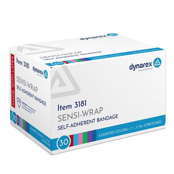 Dynarex Sensi-Wrap Self-Adhesive Bandages, 30-Pack, 1" x 5 yards, Assorted Colors, Latex, Colored Elastic Cohesive Athletic Tape, Tattoo Grip & Vet Wrap