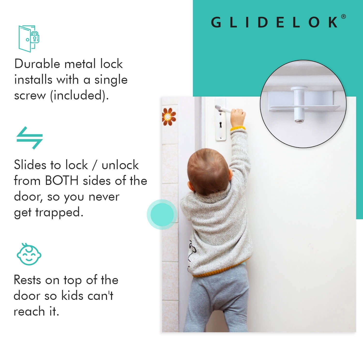 3 Pack – GlideLok Child Safety Door Top Lock | Access Lock from Either Side of The Door | for Interior & Exterior Doors | Metal Child Proof Door Lock (Not Plastic Like Others)