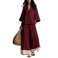 thumbnail image 2 of Women Two Piece Set 3/4 Sleeve V Neck Tops and High Waist Wide Leg Pants with Contrast Hem Summer Cotton Linen Outfits, 2XL, 2 of 5