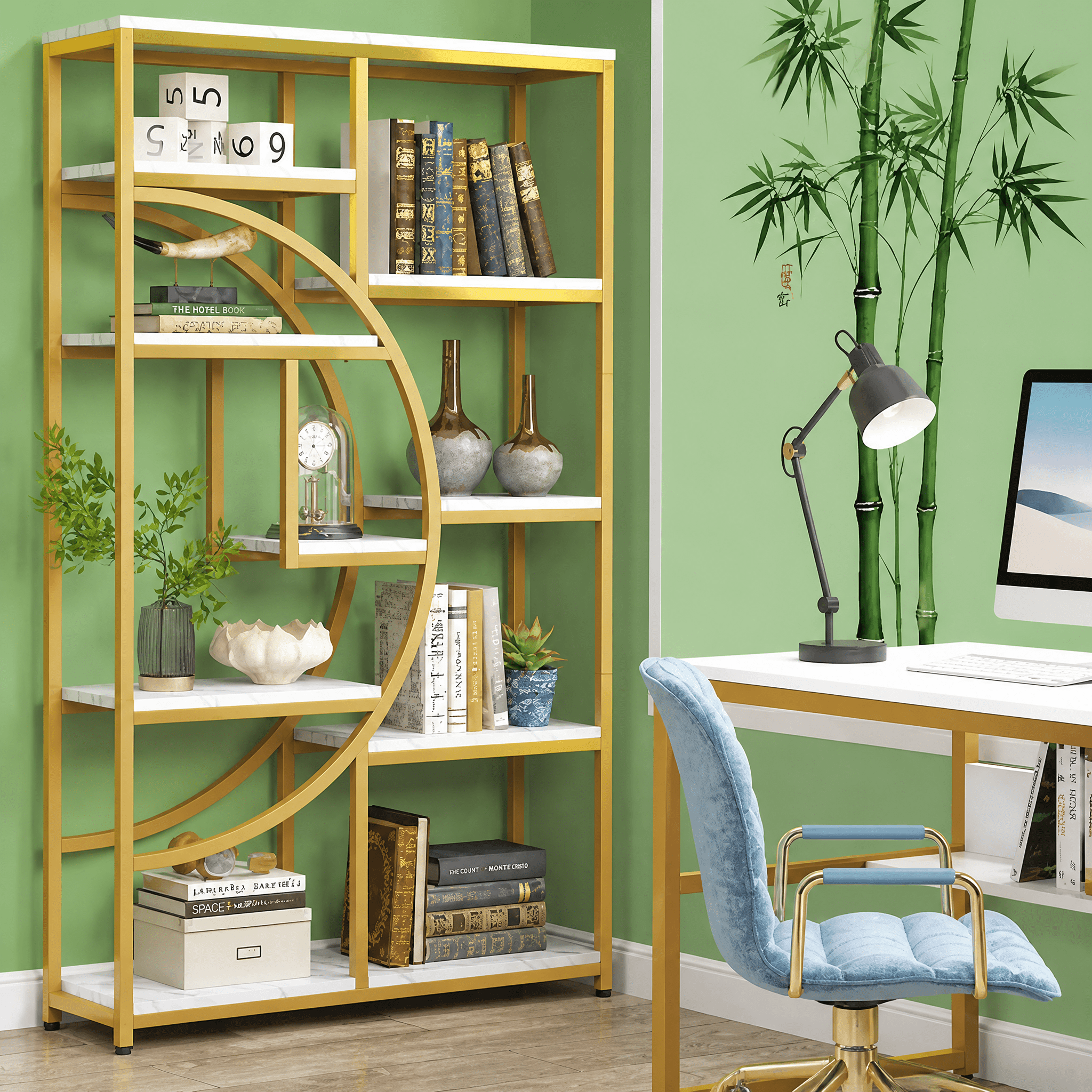 9-Tier Etagere Bookcase, Gold Metal Frame with White Marbling Boards, Half-Moon Silhouette, Industrial-Chic Design for Living Room/Home Office