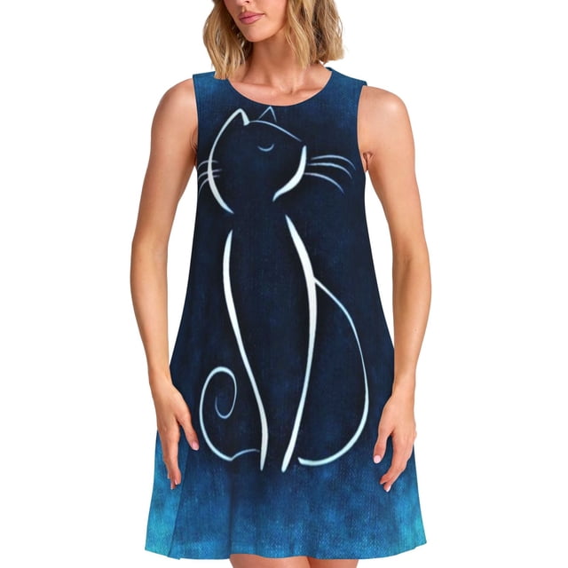 Easygdp Cat Sketch para Vestido Transpirable de Mujer, Vestido Suelto de Manga Corta con Pliegues y Bolsillos para el Verano