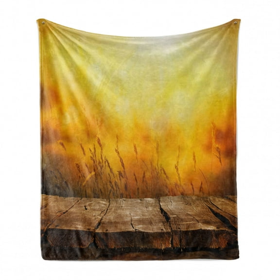 Fall Soft Flannel Fleece Throw Blanket, Empty Wooden Tabletop Layout Setting Sun Afternoon Wheat Agriculture Print, Cozy Plush for Indoor and Outdoor Use, 50" x 60", Brown Orange Yellow, by Ambesonne