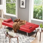 Aukfa Leather Futon Convertible Sofa Bed for Home Office, 2 Cup Holders, Twin Size, Red
