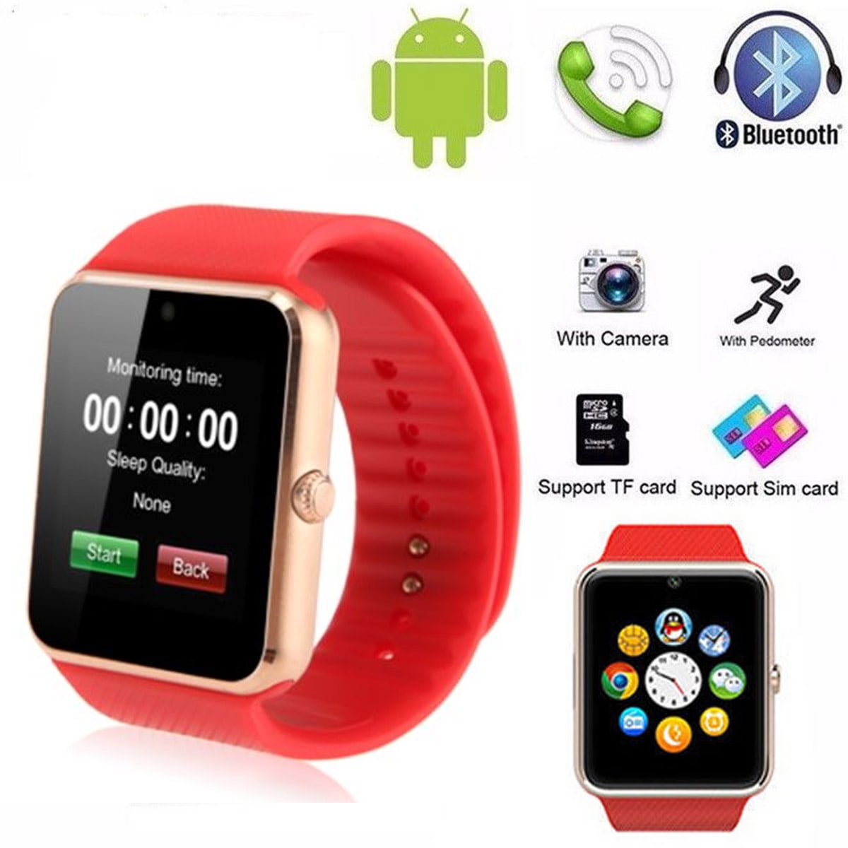 GT08 Smartwatch with SIM Card Slot and 2.0MP Camera for iPhone Samsung Android Phones (Red