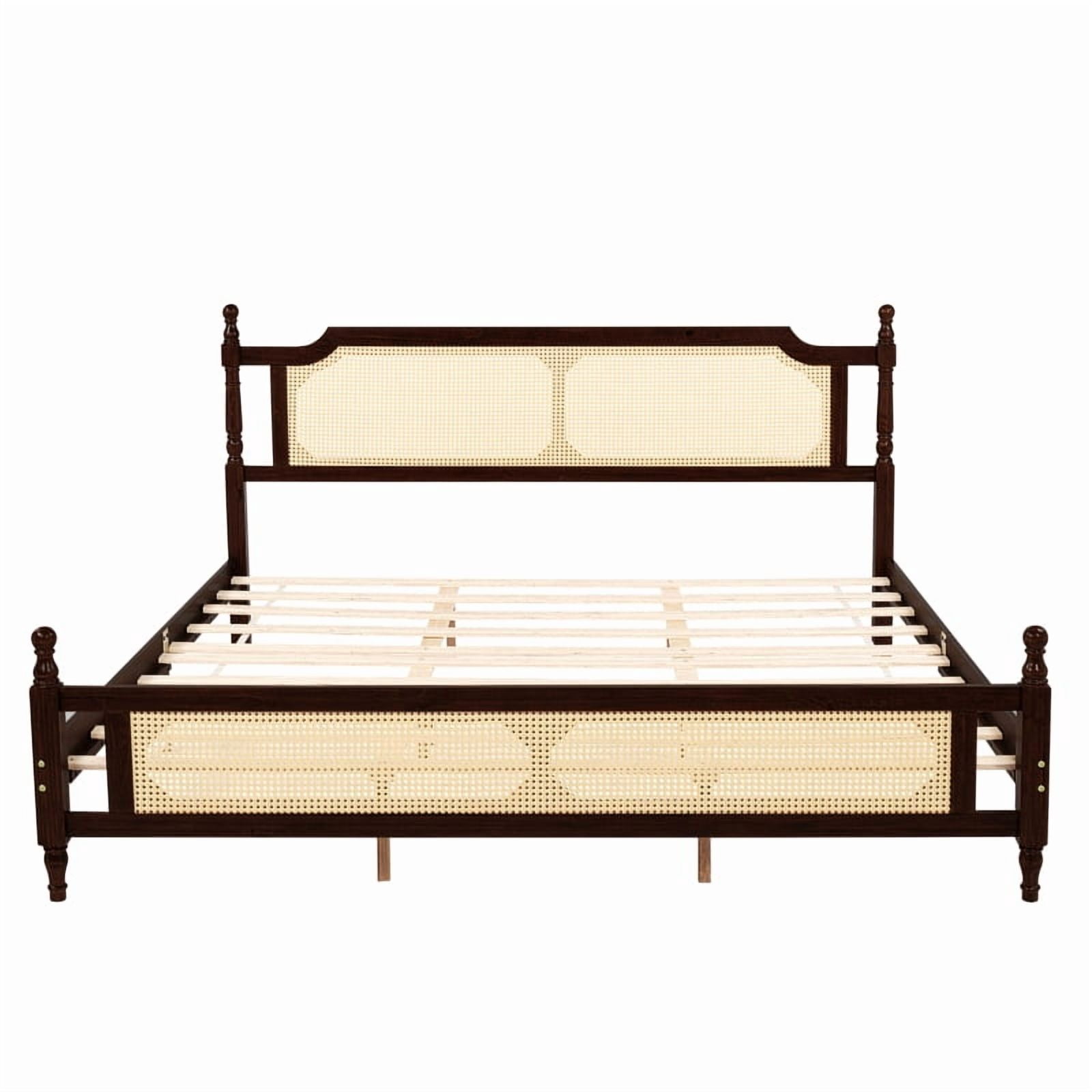 Luckynote King Size Solid Wood Bed Frame, Rustic Design with Rattan Headboard and Footboard, Espresso