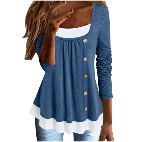 IROINNID Ladies Long Sleeve T Shirts Winter Round Neck Pocket Tops Printed Regular Blouse,Blue