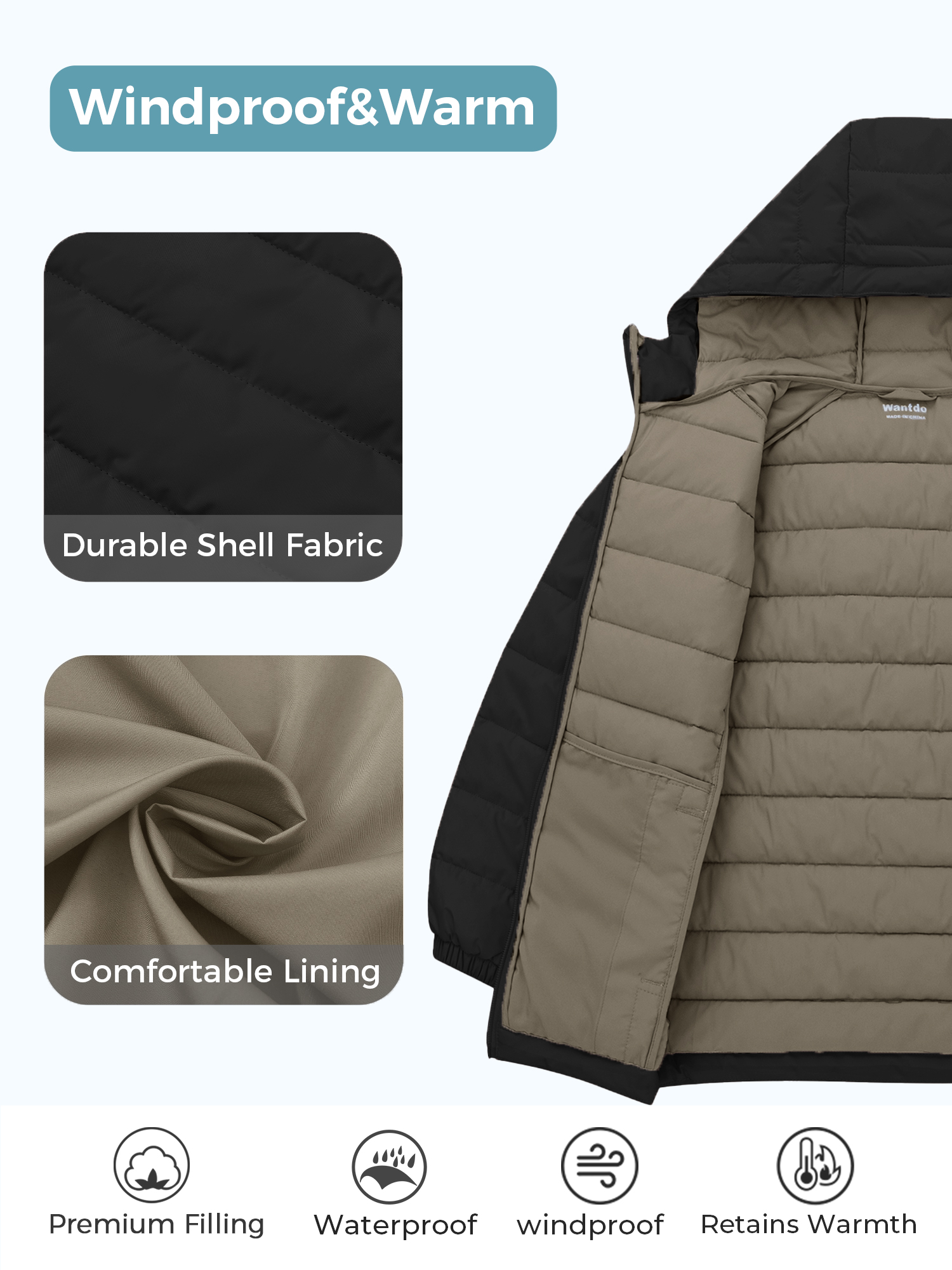 Wantdo Big Boys' Insulated Winter Jacket with Hood, Black photo 3