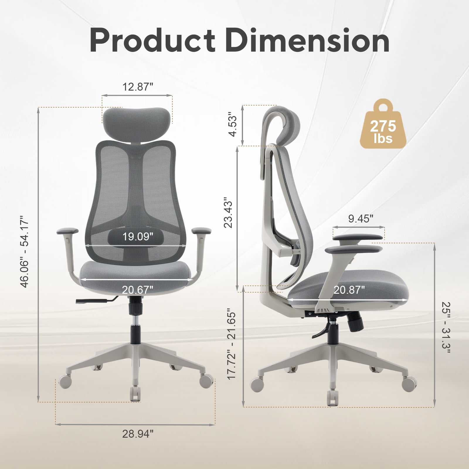 Nouhaus Fluido Ergonomic Office Chair - Adjustable Back Height & Dynamic Lumbar Support, High Back Mesh Executive Desk Chair,  Gray