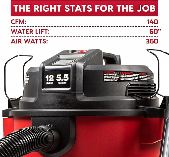 Vacmaster 12 Gallon Wet/Dry Vacuum, 5.5 Peak HP, 27ft Reach, Blower Function, 9 Accessories for Home, Garage & Car Cleaning