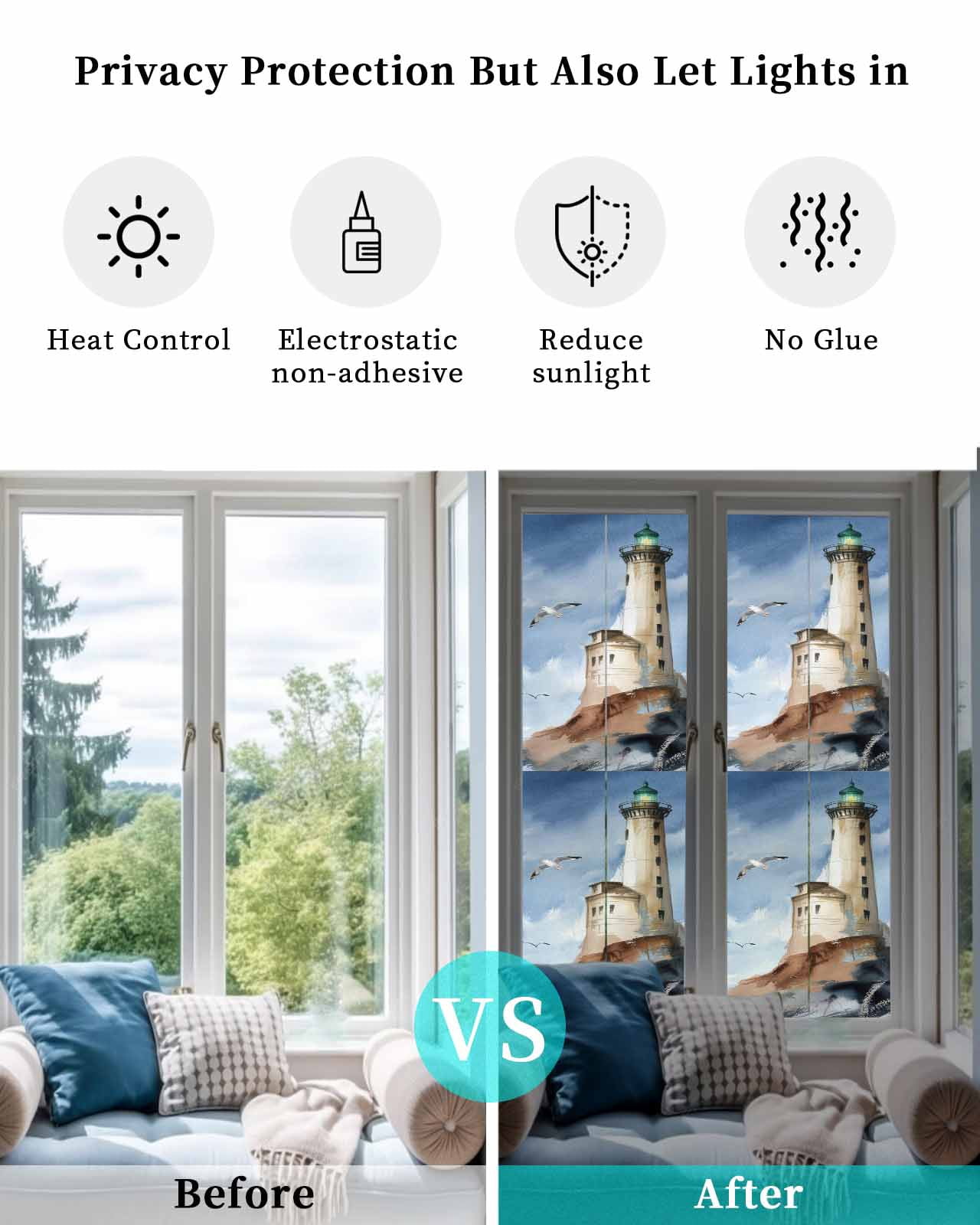 Window Privacy Film Beach Lighthouse Stained Glass Window Film Decorative Sun Block Window Cover Coastal Ocean Sky Birds Oil Painting Window Clings Static Adhesive Sticker for Bathroom 29.5"x118"