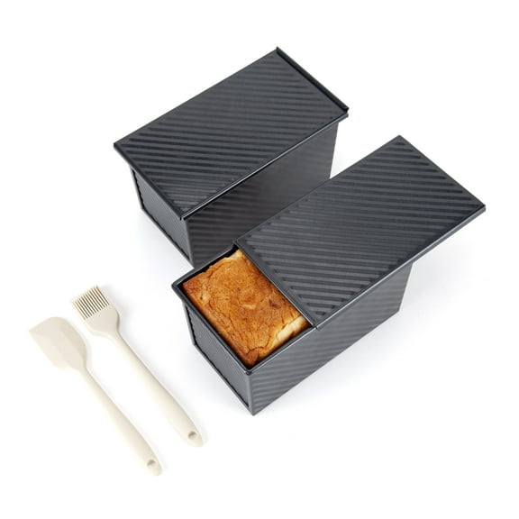 Cartman Premium 2 Pullman Pack Loaf Pan with Cover and a Silicon Spatula and Basting Pastry Brush,1 lb Dough Capacity,Non-Stick Carbon Steel Corrugated Bakeware with Cover