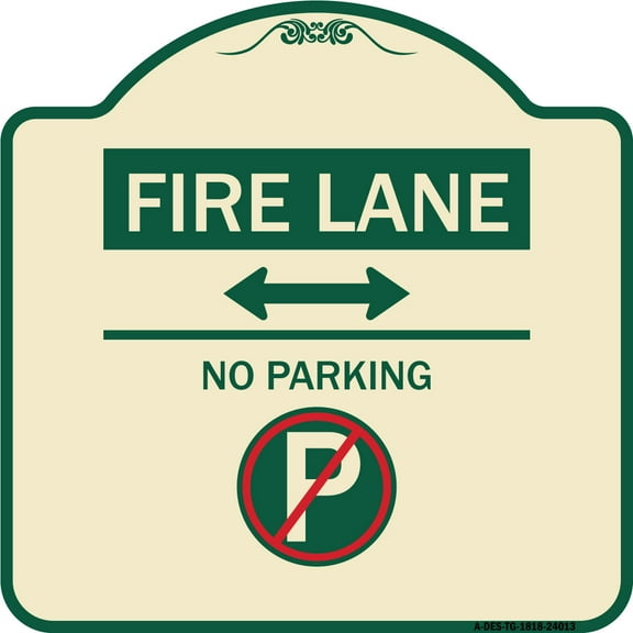 SignMission Designer Series Sign - Fire Lane - No Parking (With No Parking Symbol and Bidirectional Arrow) | Tan & Green 18" X 18" Heavy-Gauge Aluminum Architectural Sign | Made in the