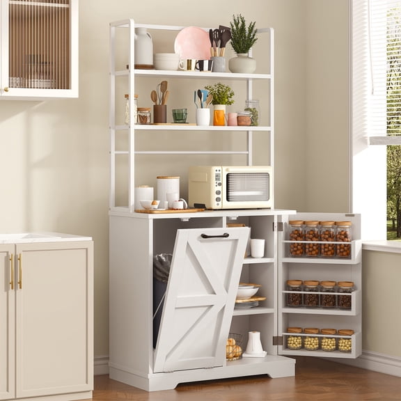 Frmobepts Kitchen Bakers Rack with Storage Shelf,6-Tier Microwave Stand Oven Cabinet With Tilting Trash Holder, Farmhouse Coffee Bar Table Station with Hutch,White