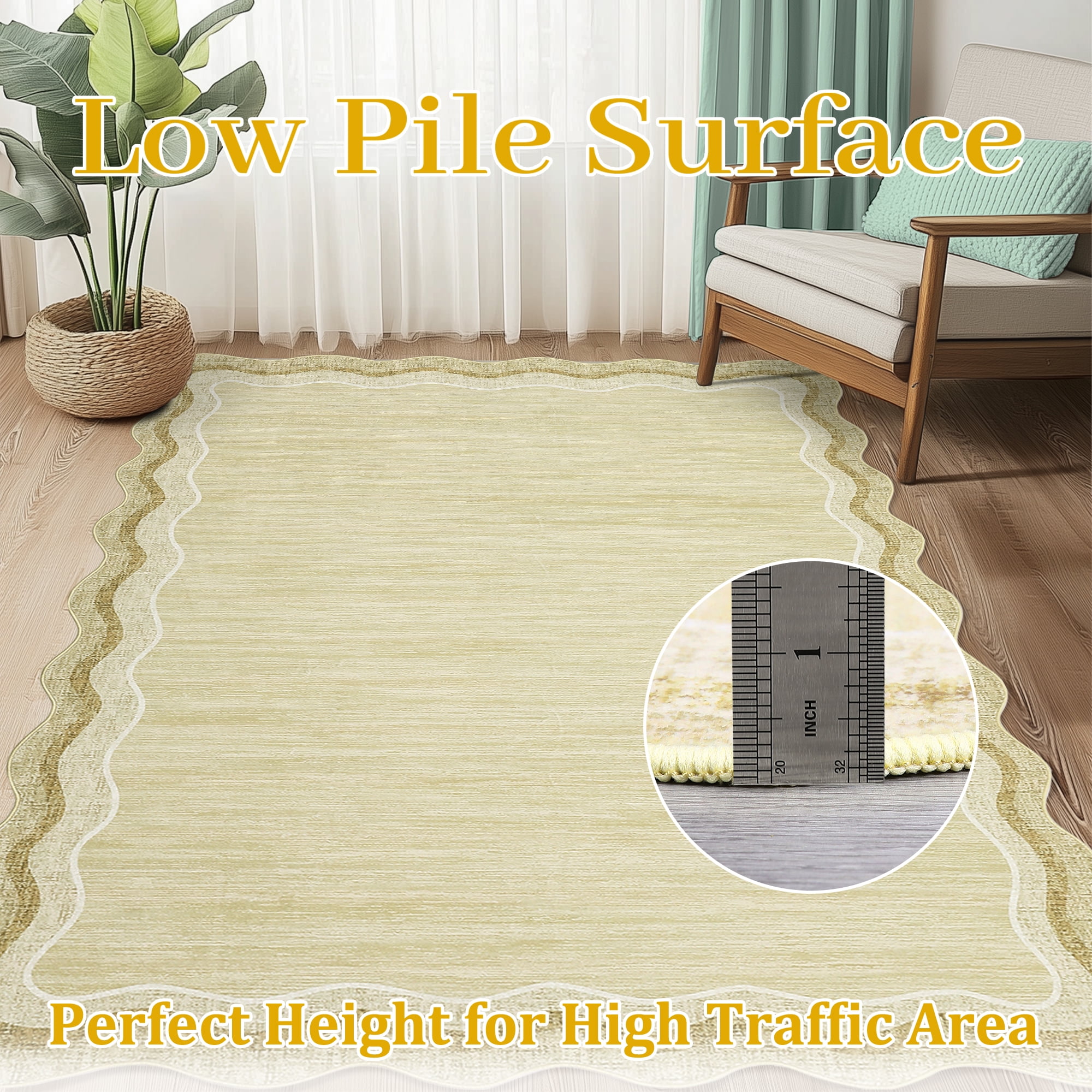 Large Scalloped Living Room Rug 10x13 Washable Modern Accent Carpet, Contemporary Low Pile Area Rugs with Non-Slip Backing, Stain-Resistant Foldable Floor Mat for Bedroom, Office, Beige