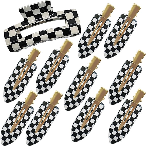 1pcs Extra Large Checkered Hair Claw Clip Black White Rectangle Checker Barrette Plaid Non-Slip Hair Jaw Clip and 10pcs Checkerboard Duckbill No Crease Hair Clips for Women Hairstyle Accessories