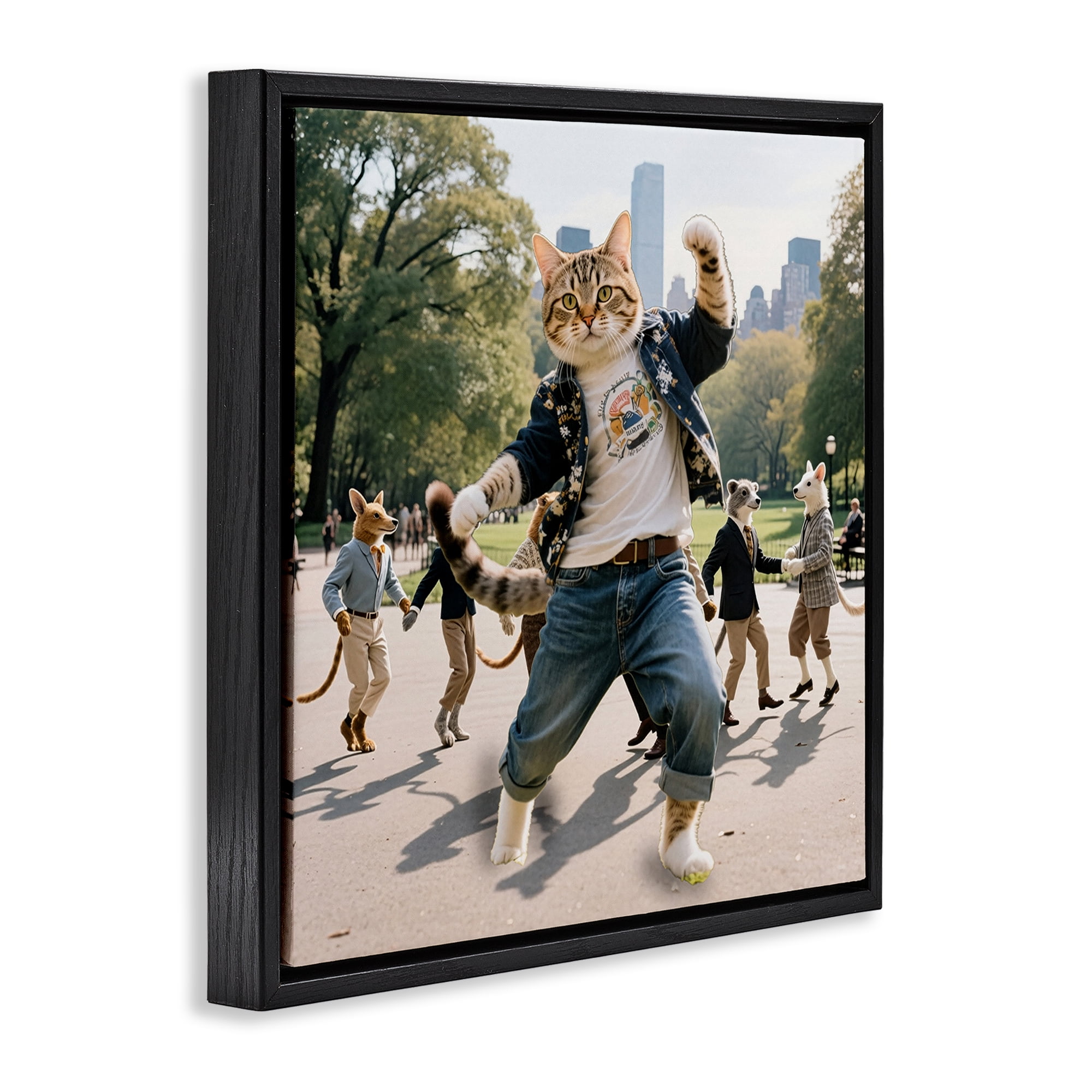 Stupell Industries Stylish Cat Dancing in Park Black Framed Floater Canvas Wall Art, design by CAD Designs