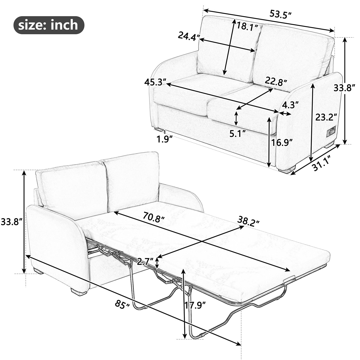 Kadyn Pull Out Sofa Bed, Loveseat Sleeper Sofa Bed with USB Charging Port and 3-pin Plug, Convertible Sofa Bed with Twin Size Mattress Pad, Black Kadyn Pull Out Sofa Bed, Loveseat Sleeper Sofa Bed with USB Charging Port and 3-pin Plug, Convertible Sofa Bed with Twin Size Mattress Pad, Black