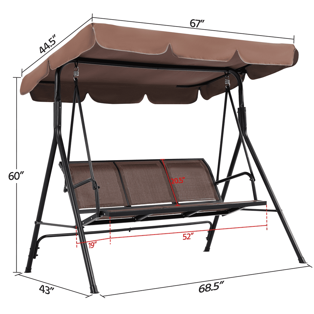 Renwick 3-Seat Outdoor Patio Swing Chair with Adjustable Canopy, Dark Brown