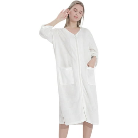 

Couples Long Nightgown Zipper Front Bathrobe Oversized Full Length House Coat with Pockets V Neck Waffle Plaid Loose House Dress Half Sleeve Soft Loungewear Casual Sleepwear Nightshirt S-XL White