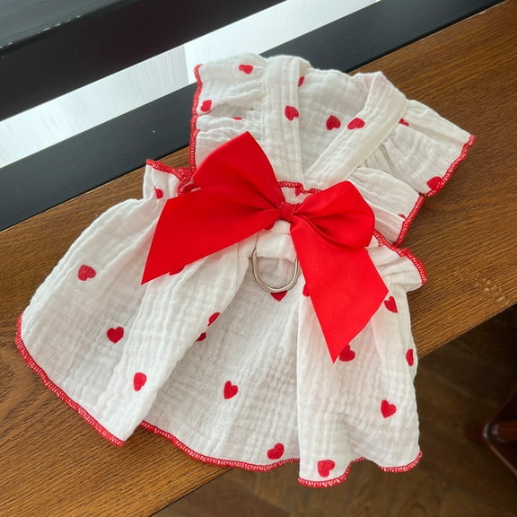 Zhuge Adorable Heart Print Pet Skirt with Bow, Festive Dress for Cats & Dogs, Holiday, Birthday & Wedding Outfit, 1 Piece-XS Size,Red
