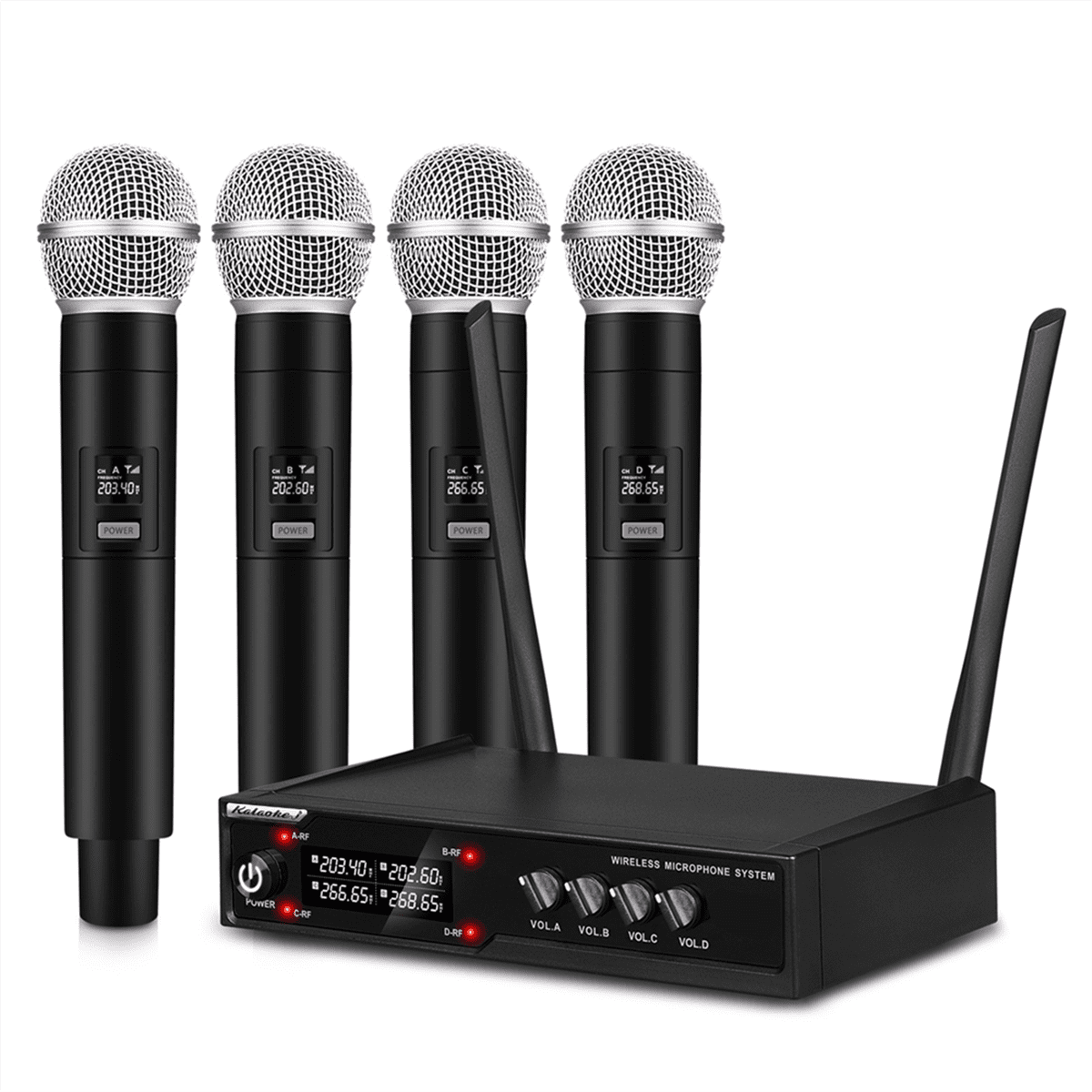 VM304 Audio 4-Channel Wireless Microphone System Handheld Mic 80M Range for Karaoke Speech Singing Portable Set US Plug