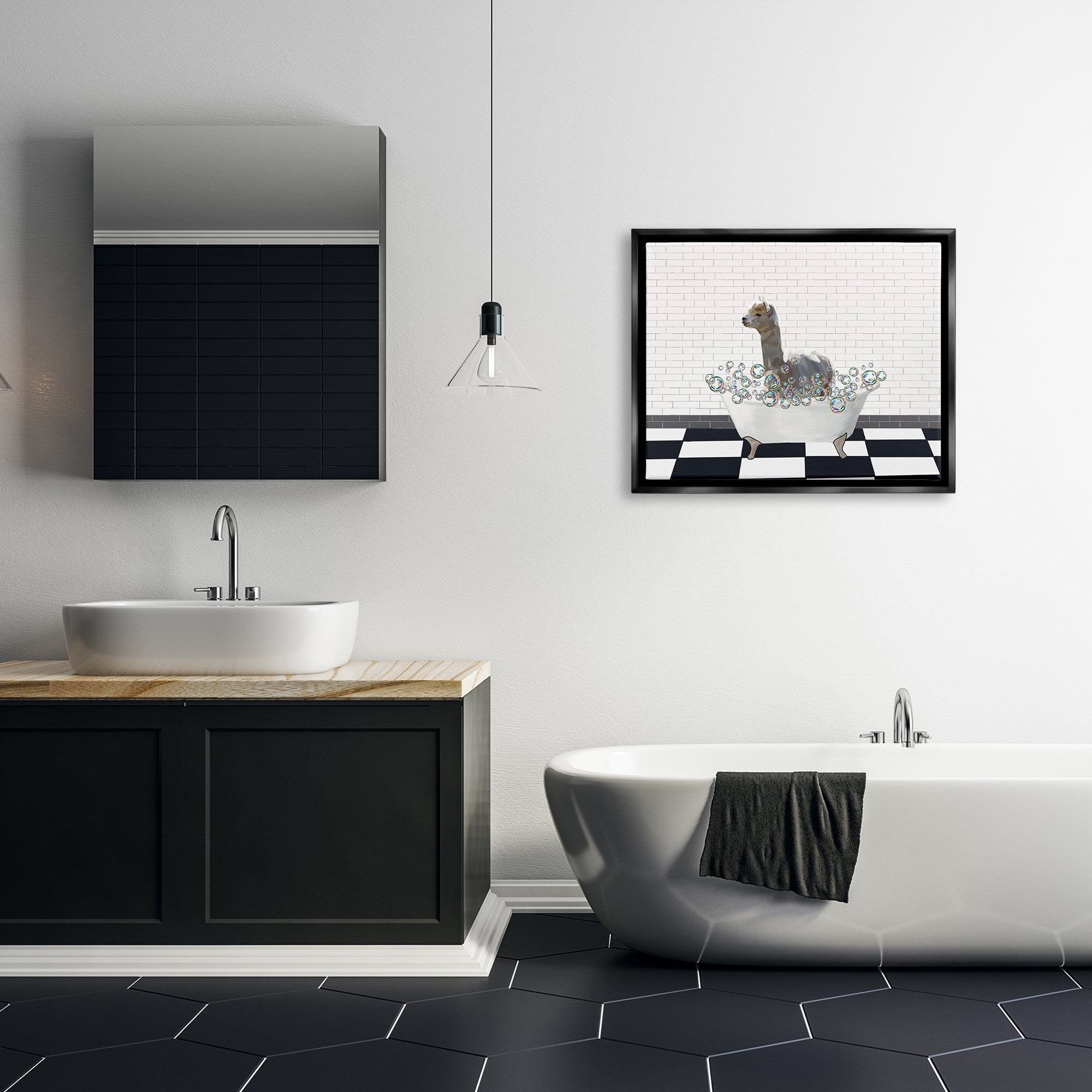 Stupell Industries Llama Bathroom Tub Animals & Insects Painting Black Floater Framed Art Print Wall Art, 31 x 25