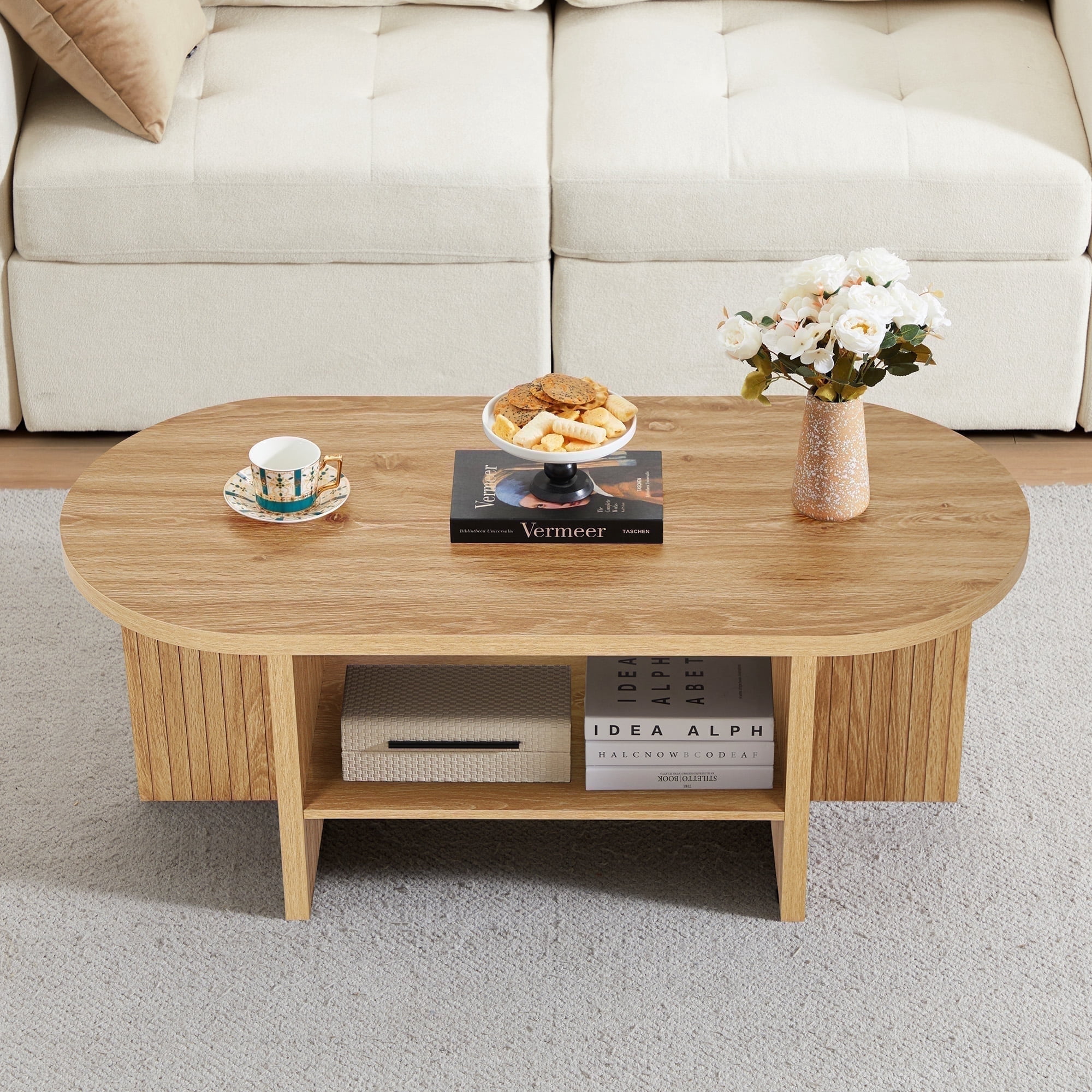 Wirrytor Oval Coffee Table, Coffee Tables for Living Room Small, Fluted Coffee Table with Open Storage Shelf, Farmhouse  Wood Center Table for 2-Tier Coffee Table, Natural
