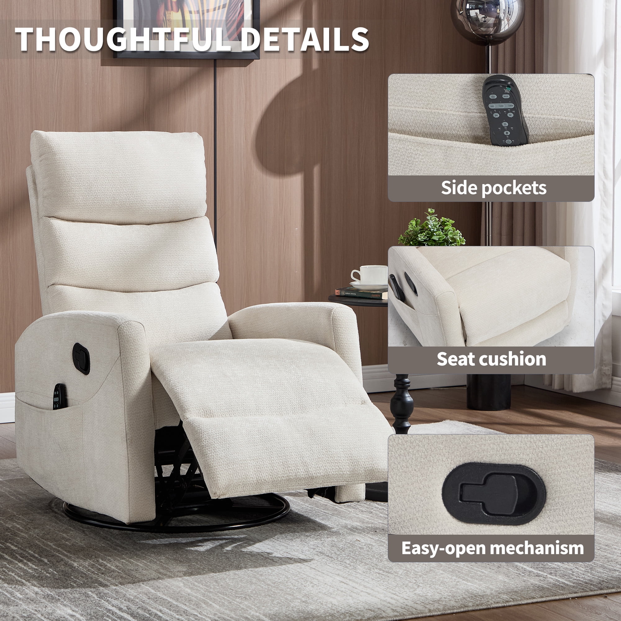Leumius Manual Recliner Chair with Massage and Heat for Adult,360° Swivel Rocker Chair with Ergonomic High Backrest,Glider Recliner Nursery Chair with Side Pockets for Living Room,Beige Chenille