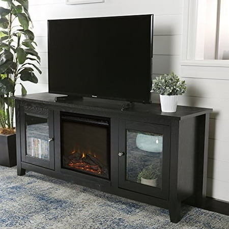 New 58 Inch Wide Black Fireplace Television Stand With Glass Doors
