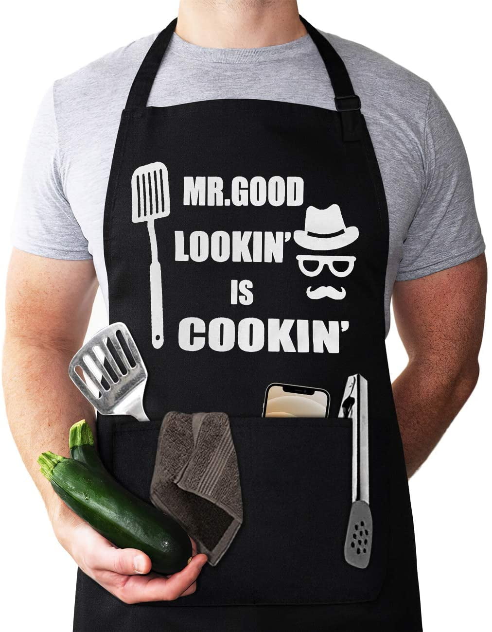 Funny Chef Apron , Mr. Good Lookin is Cookin Apron, BBQ Grill Apron, Mens  apron, 2 Utility Pockets, Adjustable Neck and Extra Long Waist Ties. Best  for Cooking, Grilling, Mens gifts for