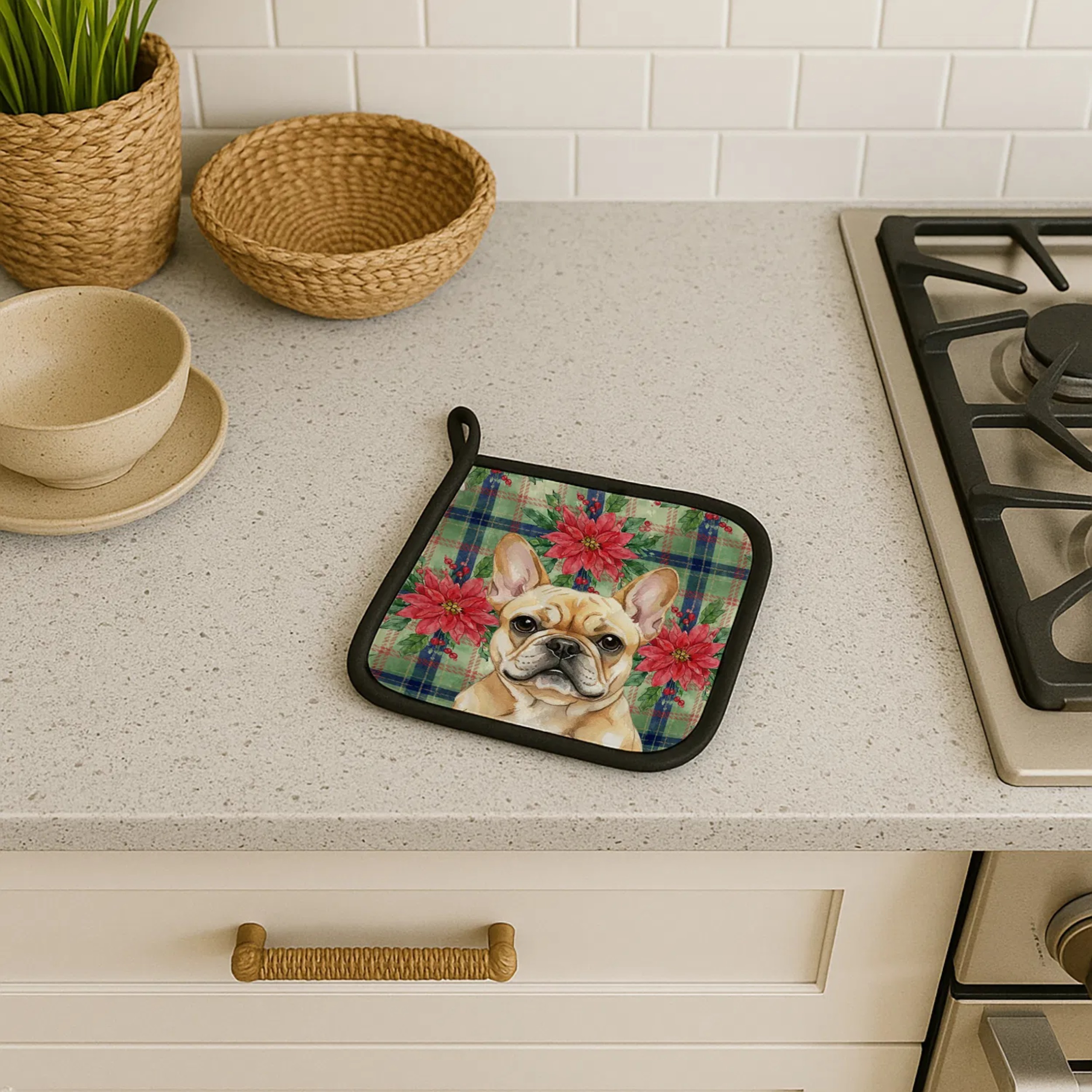 2PC French Bulldog Pattern Kitchen Insulation Mat, Oven Insulation Mat, Stitched Design, Triple Insulation Protection, Machine Washable, Suitable for Kitchen, Bakery Room