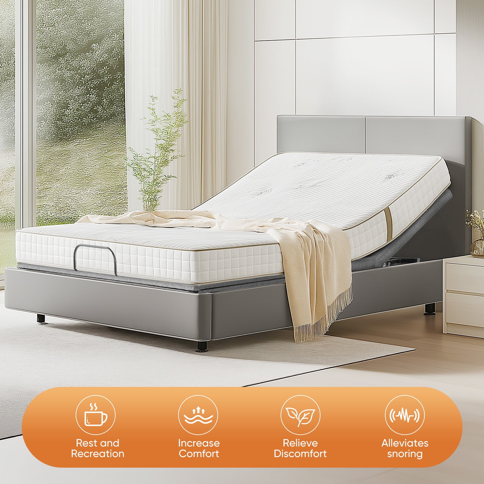 ZUNMOS Adjustable Bed Frame - Independent Head and Foot Tilt - Powerful Silent Motor - with Wireless Remote Control - Relax - Watch TV - Work - Read - Ergonomic - Motorized Bed Frame - Queen Size