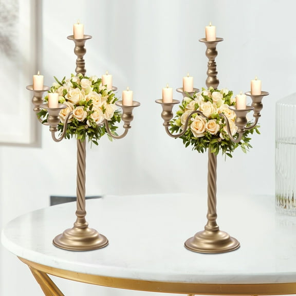 Miumaeov Candelabra Gold Candle Stand 20.9in Tall 5-Head Candlestick Holder for Wedding Table Centerpiece Decor Christmas Holiday Event Reception Decoration