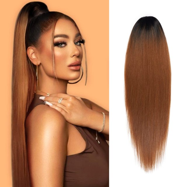 YBQF Ponytail Extension Straight 28 Inch Long Drawstring Ponytail for Black Women Natural Clip in Hair Extension Fake Ponytail Synthetic Hair Piece (28 Inch, OT1B/27/30)