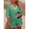 thumbnail image 2 of Womens Sweater Set 2 Piece Outfits Oversized 3/4 Sleeve V Neck Knit Tops High Waisted Shorts Lounge Sets Green S, 2 of 6