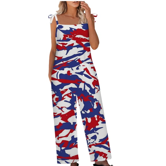 Dyegold Jumpsuits for Women Casual, Womens Jumpsuit Star Stripes American Flag Summer Wide Leg Overalls Bib Long Pants Sleeveless Square Neck Rompers