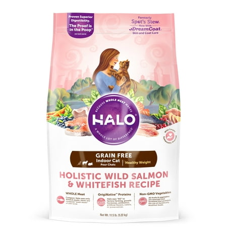 Halo Grain Free Natural Dry Cat Food, Indoor Healthy Weight Wild Salmon & Whitefish Recipe, 11.5-Pound