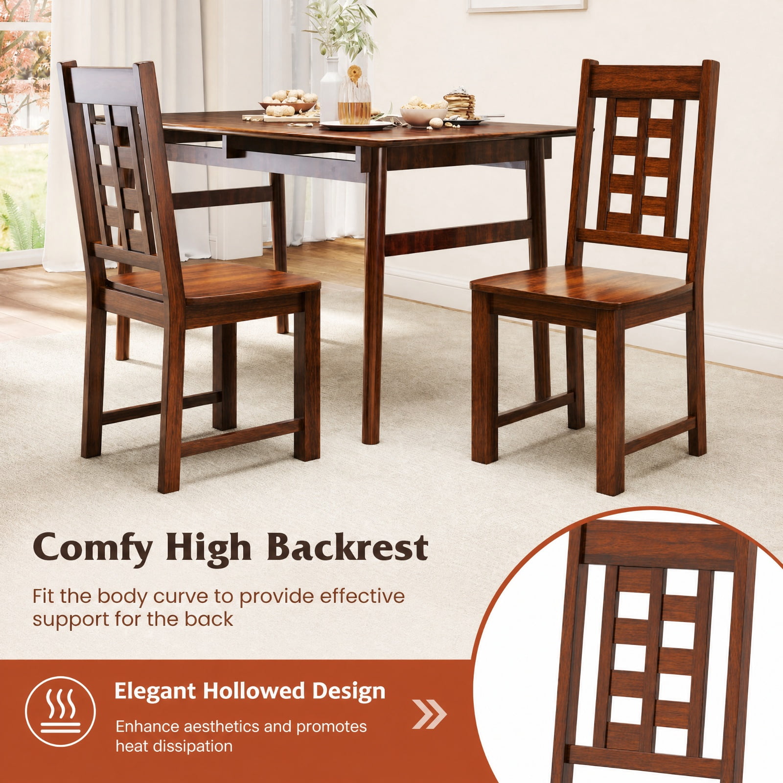 Furnibear Wooden Dining Chairs Set of 2 Kitchen Chair with Solid Rubber Wood Frame and Curved Back for Dining Room, Walnut