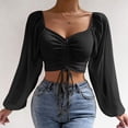 thumbnail image 2 of Birdeem Womens Long Sleeve Mesh Solid Color Drawstring V-Neck Cropped Top Blouse, 2 of 10