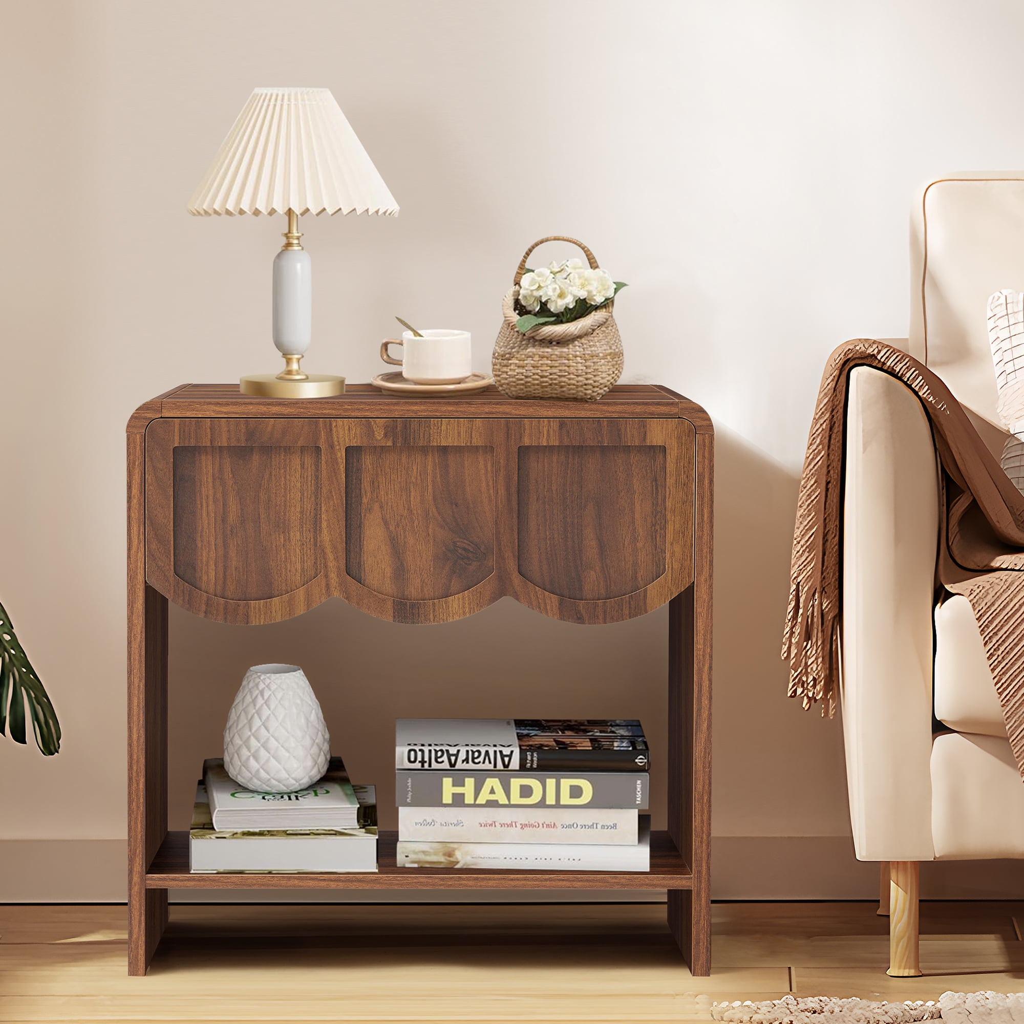 Wirrytor Farmhouse Walnut Fluted Nightstands Set of 2, Mid-Century Chic End Table with Drawer and Open Shelf Storage, Curved Edge Bedside Table for Bedroom Living Room