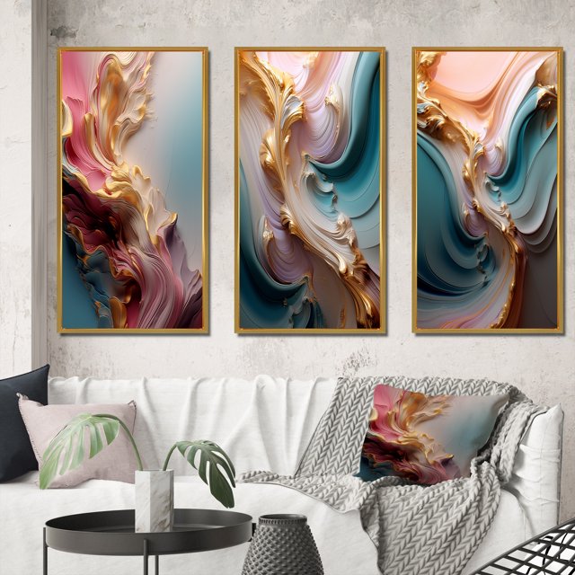 Designart "Exquisite Wave Symphony Liquid Gold and Pink IV" Abstract Shapes Framed Wall Art Set Of 3 - Gold Transitional Frame Canvas Set For Living Room Decor