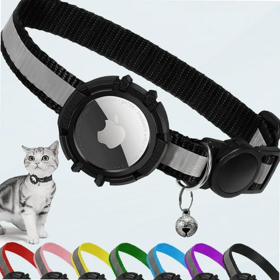 Airtag Cat Collar Breakaway, Reflective Kitten Collar with Apple Air Tag Holder and Bell, Lightweight Tracker Cat Collars for Girl Boy Cats, Kittens, Puppies (Black, XS)