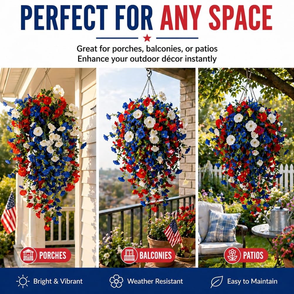 Red White and Blue Artificial Flowers for Outdoors, Patriotic Faux Floral Hanging Basket Decor for Veterans Day Housewarming Gift